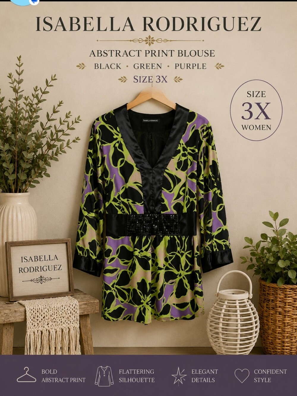 Isabella Rodriguez Abstract Print Blouse 3X Black Green Purple V-Neck